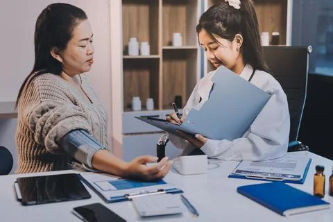 Doctor using sphygmomanometer with stethoscope checking blood pressure to a.. Fotos de archivo
