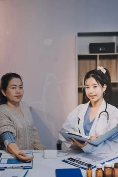 Doctor using sphygmomanometer with stethoscope checking blood pressure to a.. Stock Photos