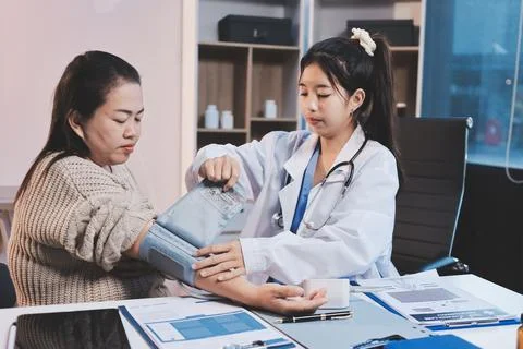 Doctor using sphygmomanometer with stethoscope checking blood pressure to a.. Fotos de archivo
