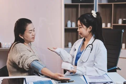 Doctor using sphygmomanometer with stethoscope checking blood pressure to a.. Stock Photos