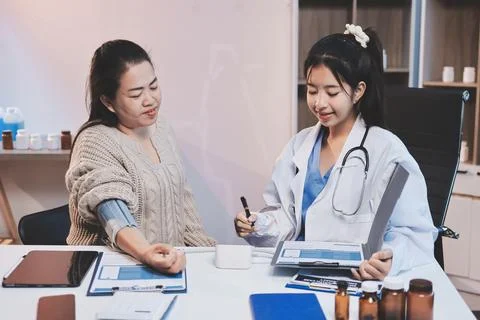 Doctor using sphygmomanometer with stethoscope checking blood pressure to a.. 写真素材