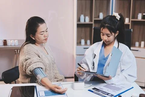 Doctor using sphygmomanometer with stethoscope checking blood pressure to a.. 写真素材