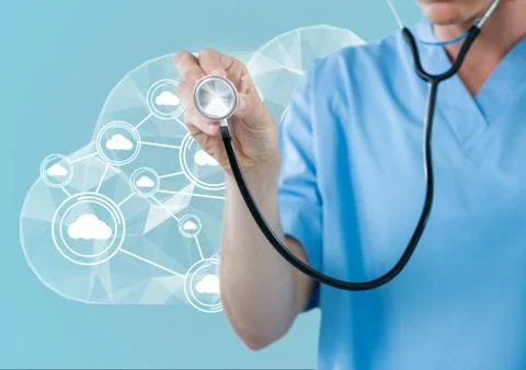 Doctor using stethoscope in front of cloud and white interface Foto stock