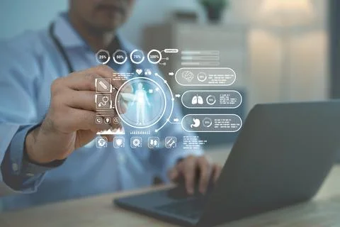 Doctor using stylus pen on virtual medical dashboard with laptop, Smart hea.. Stock Photos