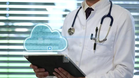 Doctor using tablet and AI to upload patient health medical data record to cloud Stock Footage 330951846