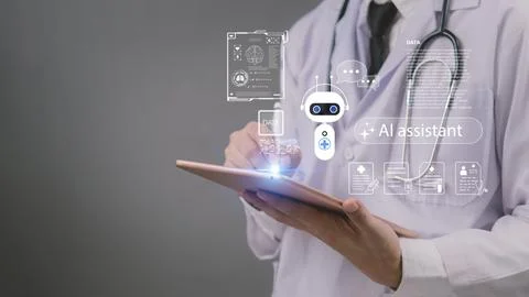 Doctor using tablet with chat bot AI assistant hologram, representing artif.. Stock Photos