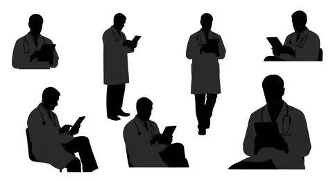 Doctor Using Tablet Computer Silhouette Set Stock Illustration