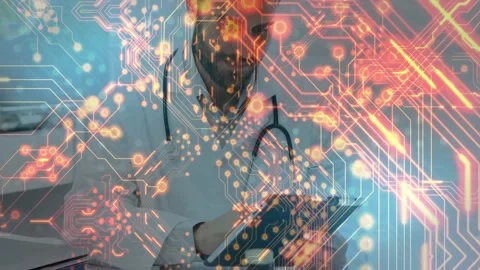 Doctor using tablet-style clipboard for annotating patient data while circuitry Stock Footage 329124158