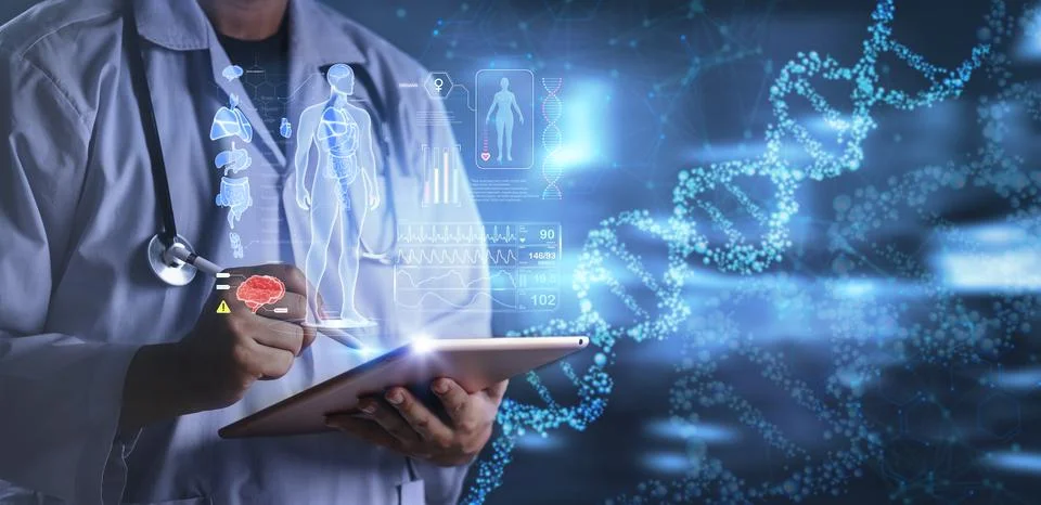 Doctor using tablet with stylus to analyze DNA double helix structure and h.. Stock Photos