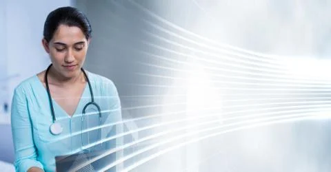 Doctor using tablet with white interface transition Stock Photos