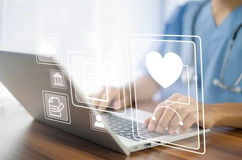 Doctor using technology document management on computer system management f.. Stock Photos