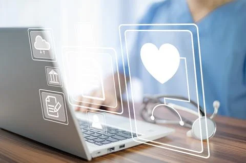 Doctor using technology document management on computer system management f.. Stock Photos