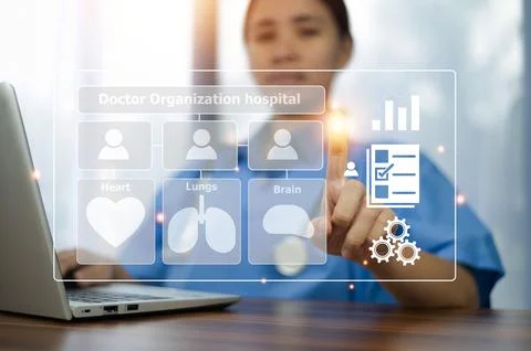 Doctor using technology document management on computer system management f.. Stock Photos