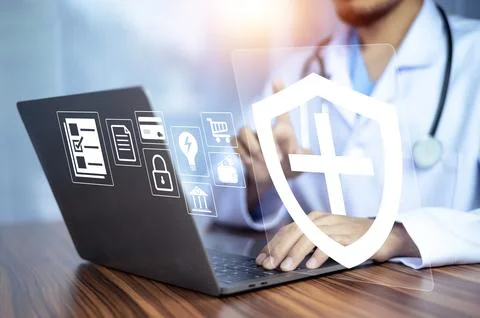 Doctor using technology document management on computer system management f.. Stock Photos