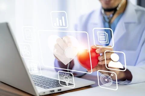Doctor using technology document management on computer system management f.. Stock Photos