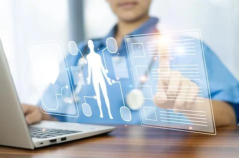 Doctor using technology document management on computer system management f.. Foto stock