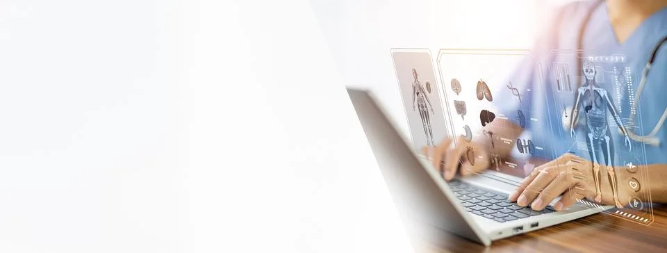 Doctor using technology document management on computer system management f.. Stock Photos