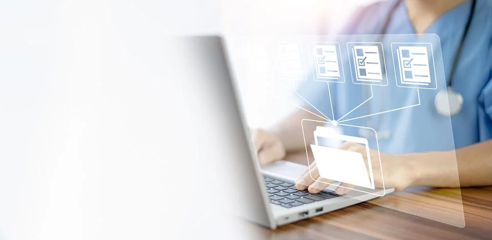 Doctor using technology document management on computer system management f.. Stock Photos