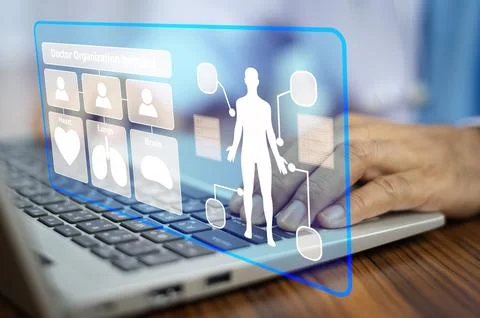 Doctor using technology document management on computer system management f.. Stock Photos