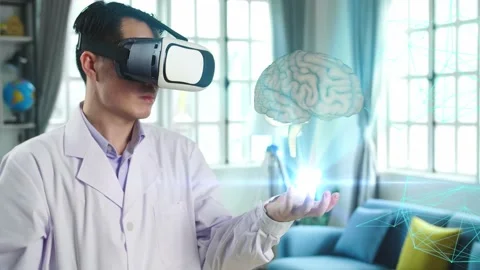 Doctor Using Vr Glasses Virtual Reality Holding Digital X-Ray Of Human Brain Stock Footage 155241090