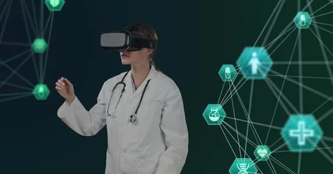 Doctor using VR headset interacting with digital medical interfaces in virtual Stock Illustration