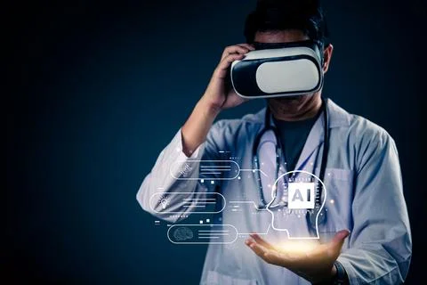 Doctor using VR headset interacting with AI virtual assistant for medical d.. Stock Photos