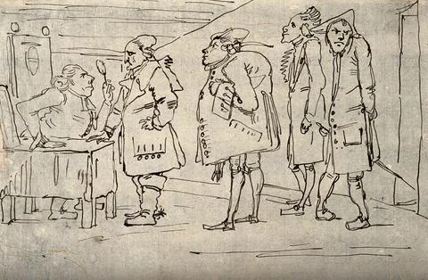A doctor viewing a queue of patients through an eyeglass. Pen drawing. Stock Illustration