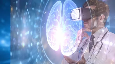 Doctor with VR glasses standing while looking at brain hologram. Apparatus. Stock Footage 295433382