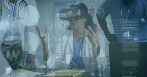 Doctor in VR headset gesturing, starting HUD panels and manipulating 3D anatomy Stock Footage 333924880