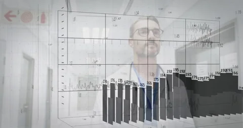 Doctor walking corridor activating 3D grid with bars rising showing vitals, Stock Footage 311125875