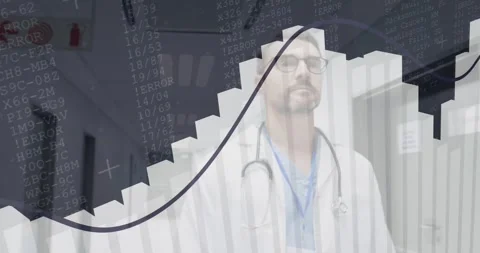 Doctor walking hospital corridor while 3D bars rising animating graph overlay Stock Footage 330337339