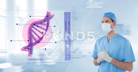 Doctor wearing mask while analyzing DNA structure Stock Photos