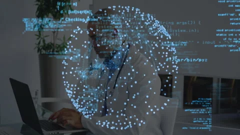 Doctor wearing stethoscope typing code on laptop upon 3D sphere appearing, Stock Footage 311699021