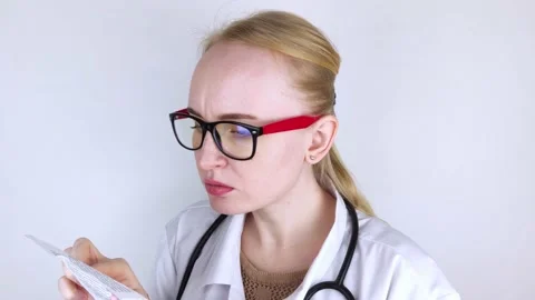 The doctor on a white background reads the instructions for medicines. The speci Stock Footage 150354744