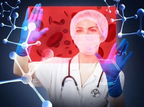 Doctor woman controls molecules in virtual space. 3d rendering. Stock Photos