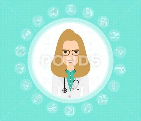 Doctor woman in medical gown with stethoscope. Cute cartoon doctor character Stock Illustration
