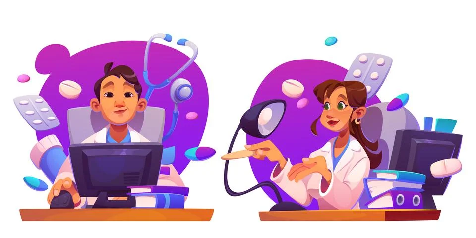 Doctor at work desk with computer. Illustrazione stock