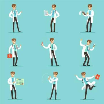 Doctor Work Process Set Of Hospital Related Scenes With Young Medical Worker Stock Illustration