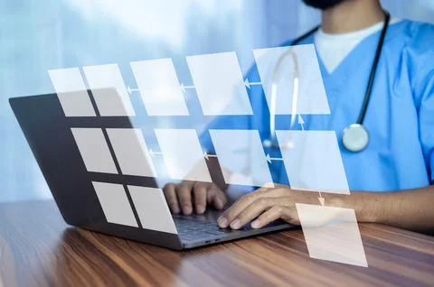 Doctor workflow using technology document management on computer system man.. Stock Photos