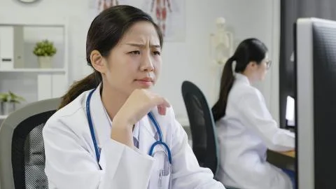 Doctor working computer with serious face Foto stock