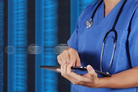 Doctor working on a digital tablet with digital background as concept Stock Illustration