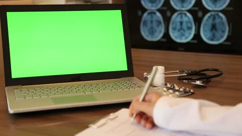 Doctor Working with Green Screen Laptop Stock Footage 341124531