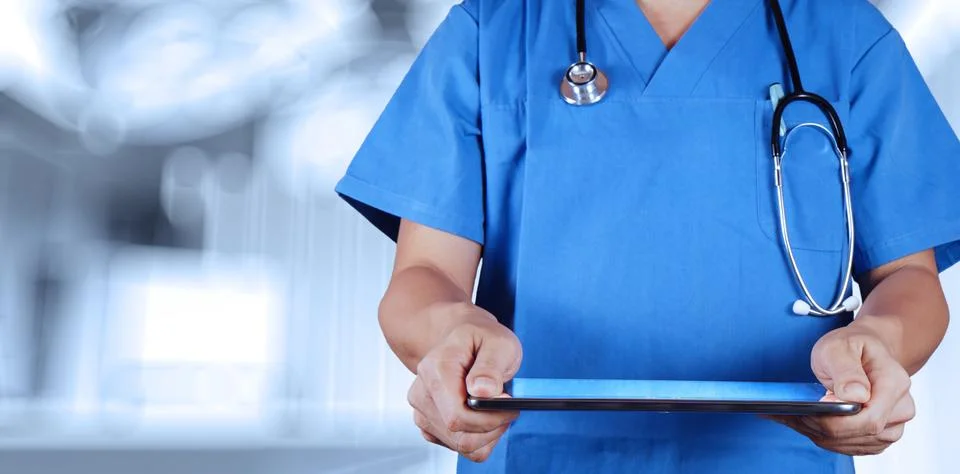 Doctor working with tablet computer with operating room Stock Illustration