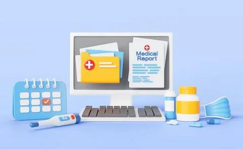 Doctor workplace 3d render. Electronic health record, patient medical report on Stock Illustration