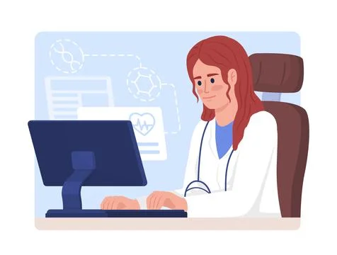 Doctor works on computer flat concept vector illustration Illustrazione stock