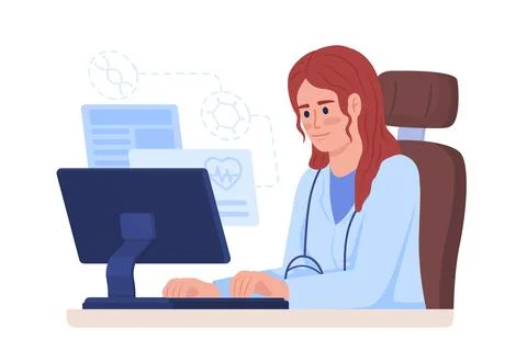 Doctor works on computer semi flat color vector character Stock Illustration