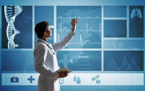 Doctor works with digital interface Stock Photos