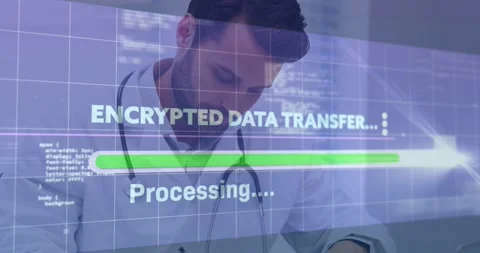 Doctor writing file by laptop while processing overlay appearing and bar filling Stock Footage 331713428