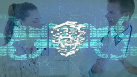 Doctor writing notes causing code padlock overlay guiding patient rotating head Stock Footage 314174916