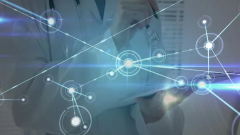 Doctor writing notes, pen touching clipboard causing node network expanding Video stock 313242933